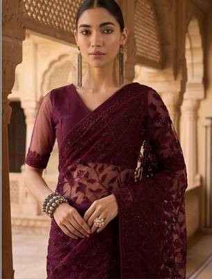 Burgundy floral embroidered net designer saree 4