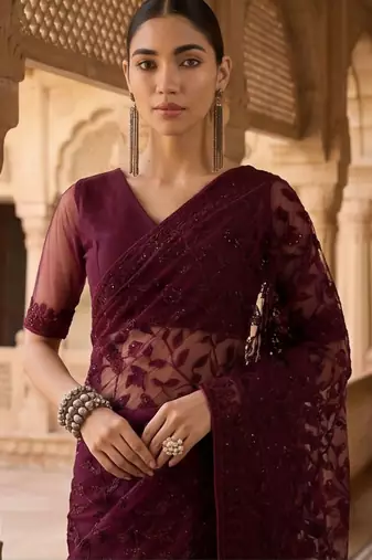 Burgundy floral embroidered net designer saree