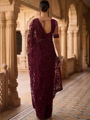 Burgundy floral embroidered net designer saree 5