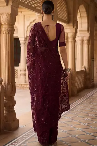 Burgundy floral embroidered net designer saree