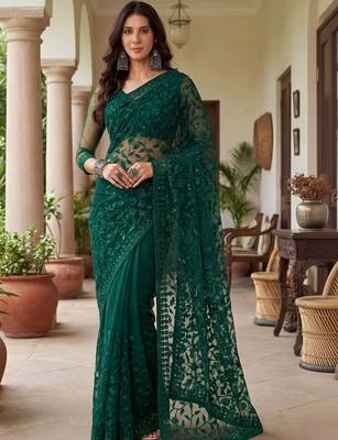 Green embellished embroidered net designer saree 1