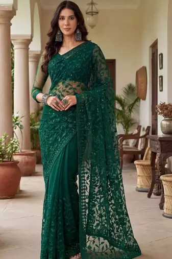 Green embellished embroidered net designer saree
