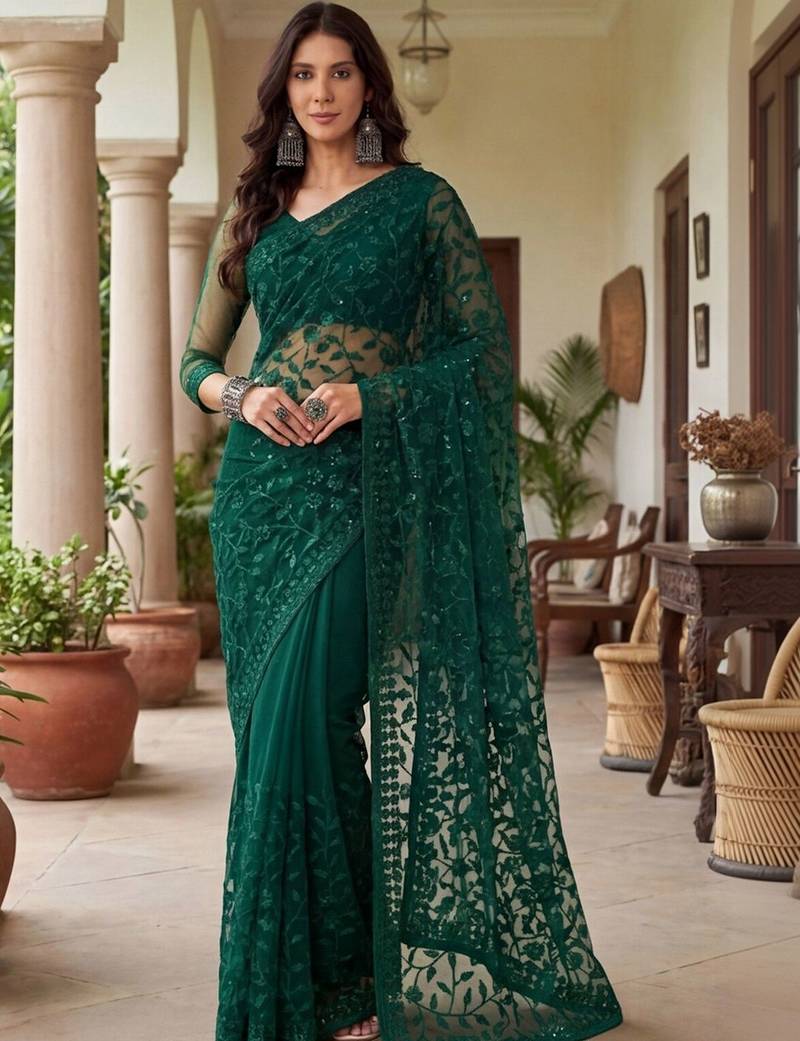 Green embellished embroidered net designer saree