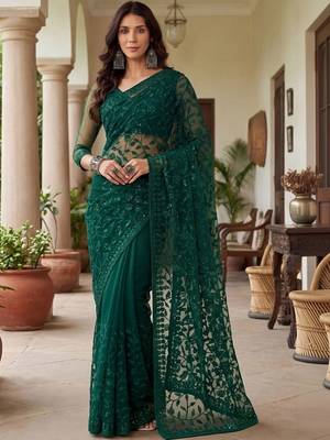 Green embellished embroidered net designer saree 2