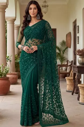 Green embellished embroidered net designer saree