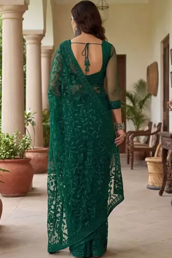 Green embellished embroidered net designer saree