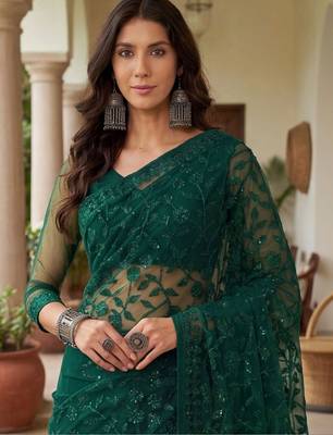 Green embellished embroidered net designer saree 4
