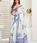 White white linen printed ready to wear saree