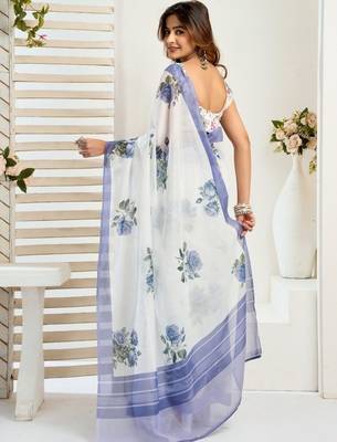 White white linen printed ready to wear saree 2