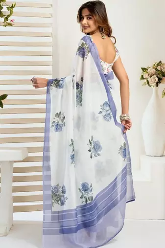 White white linen printed ready to wear saree