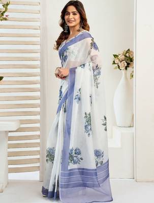 White white linen printed ready to wear saree 3