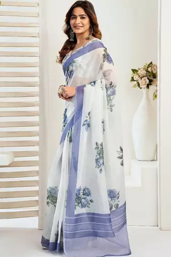 White white linen printed ready to wear saree