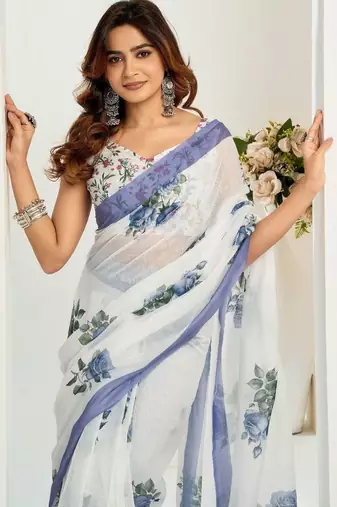 White white linen printed ready to wear saree