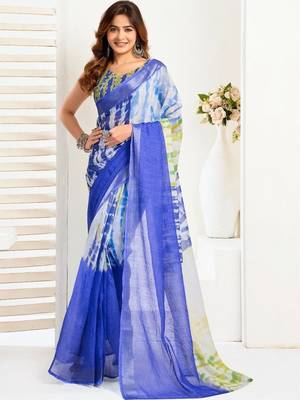 Blue blue linen printed ready to wear saree 1