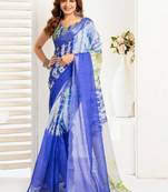 Blue blue linen printed ready to wear saree