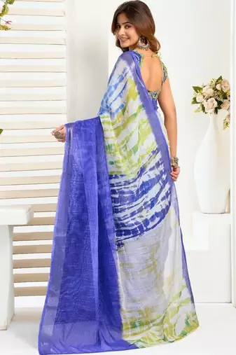 Blue blue linen printed ready to wear saree