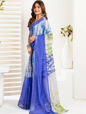 Blue blue linen printed ready to wear saree 3