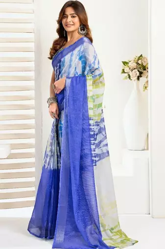 Blue blue linen printed ready to wear saree