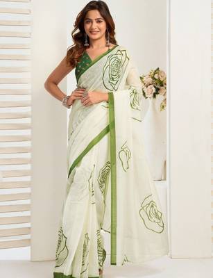 Off white white & green linen printed ready to wear saree 1