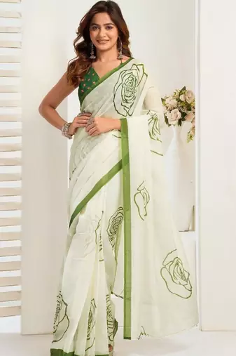 Off white white & green linen printed ready to wear saree