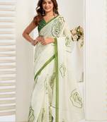 Off white white & green linen printed ready to wear saree