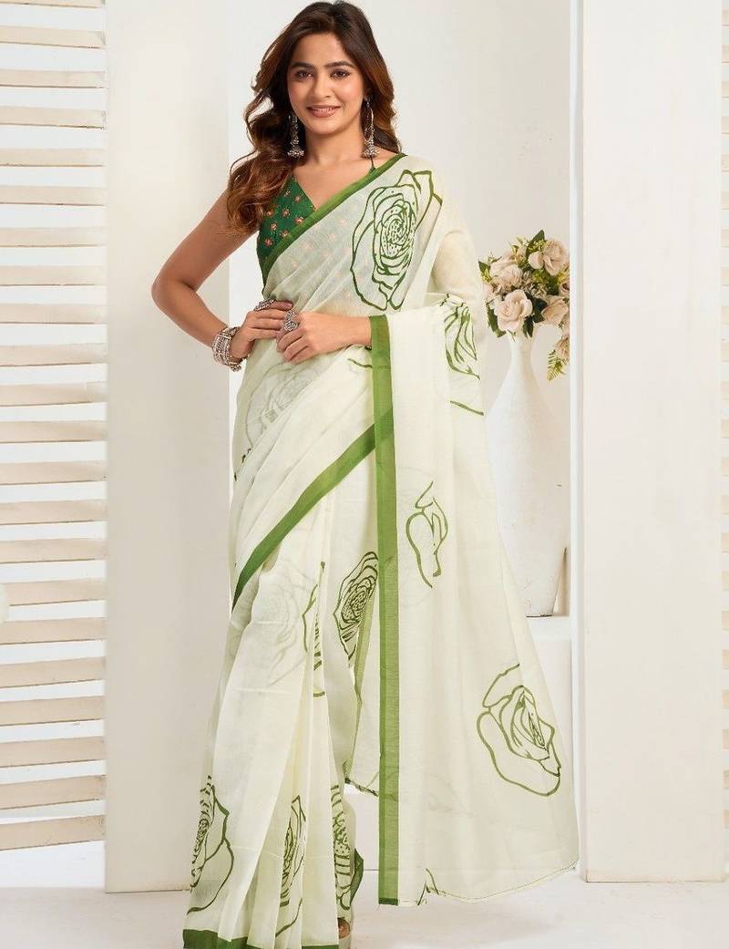 Off white white & green linen printed ready to wear saree