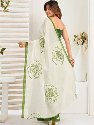 Off white white & green linen printed ready to wear saree 2