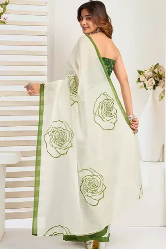 Off white white & green linen printed ready to wear saree