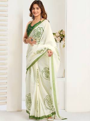 Off white white & green linen printed ready to wear saree 3