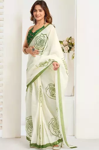 Off white white & green linen printed ready to wear saree