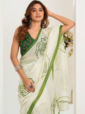 Off white white & green linen printed ready to wear saree 5