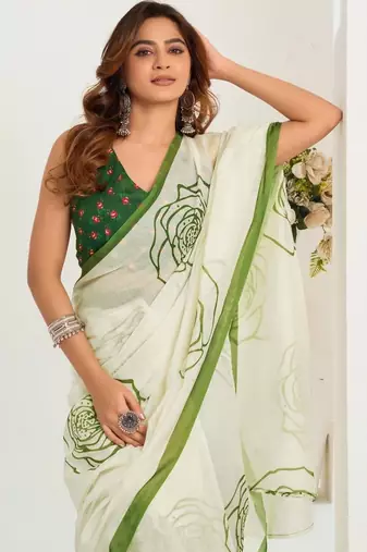 Off white white & green linen printed ready to wear saree