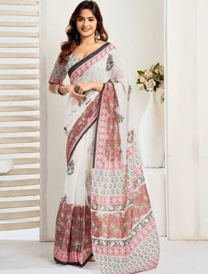 White white linen printed ready to wear saree 1