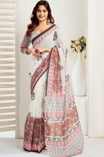 White white linen printed ready to wear saree