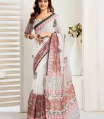 White white linen printed ready to wear saree
