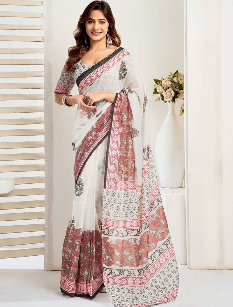White white linen printed ready to wear saree