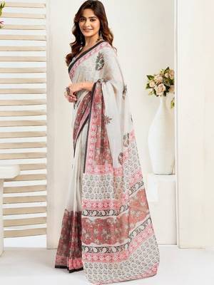 White white linen printed ready to wear saree 2