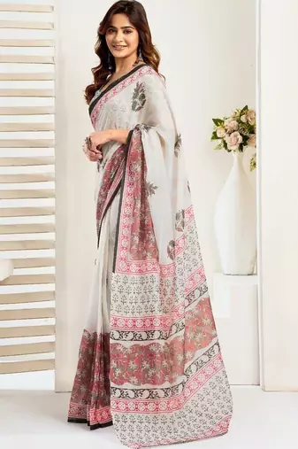 White white linen printed ready to wear saree