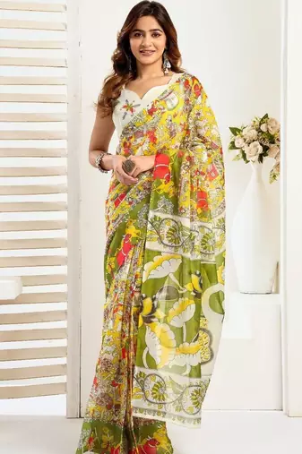 Multicolor linen printed ready to wear saree