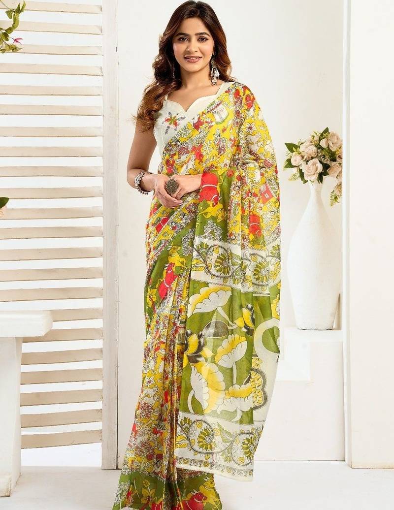 Multicolor linen printed ready to wear saree