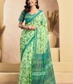 Lime green linen printed ready to wear saree
