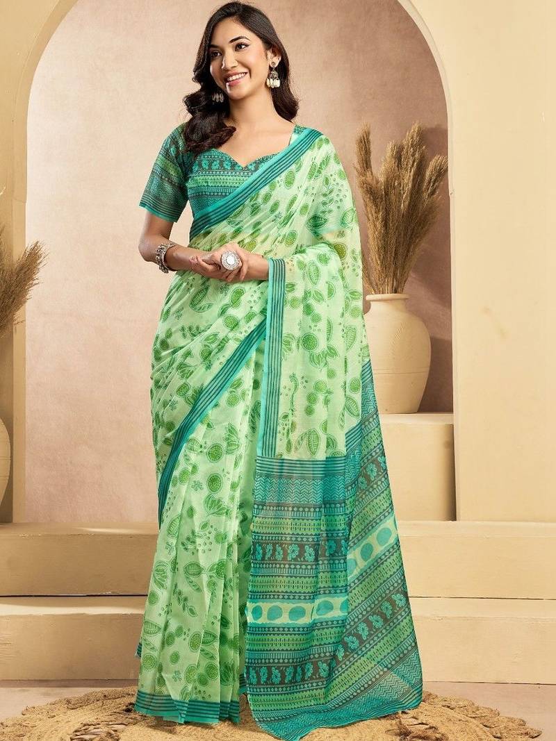 Lime green linen printed ready to wear saree