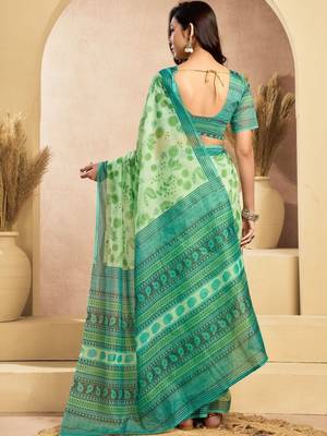Lime green linen printed ready to wear saree 2