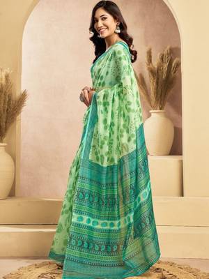 Lime green linen printed ready to wear saree 3