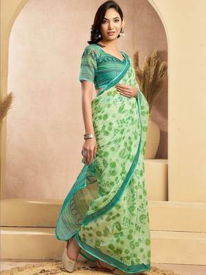 Lime green linen printed ready to wear saree 4