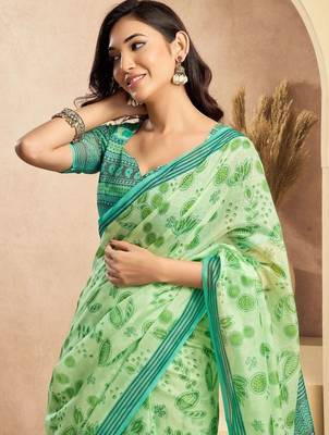 Lime green linen printed ready to wear saree 5