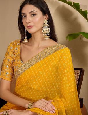 Yellow bandhani printed poly georgette saree with unstiched blouse 1