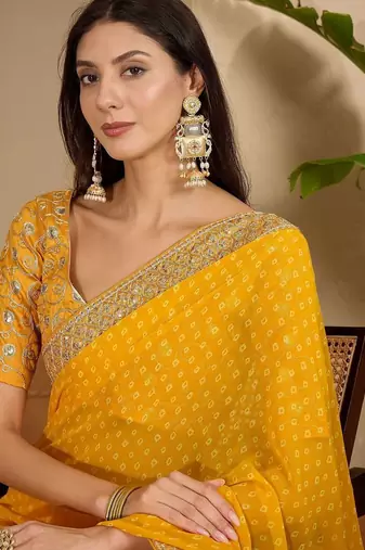 Yellow bandhani printed poly georgette saree with unstiched blouse