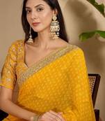 Yellow bandhani printed poly georgette saree with unstiched blouse