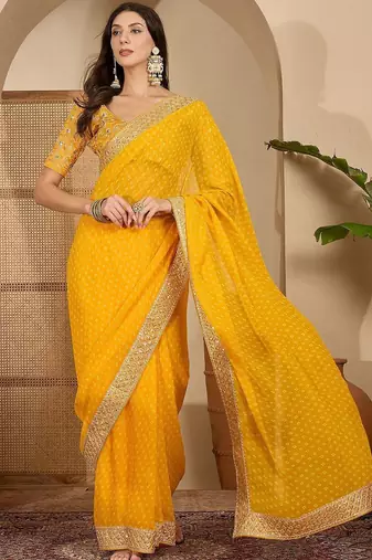 Yellow bandhani printed poly georgette saree with unstiched blouse